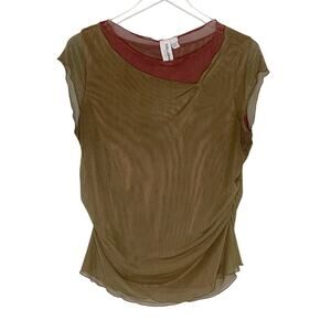 Collusion Chocolate Brown Sheer Layered Mesh Top L Stretch 90s Y2K Ruched